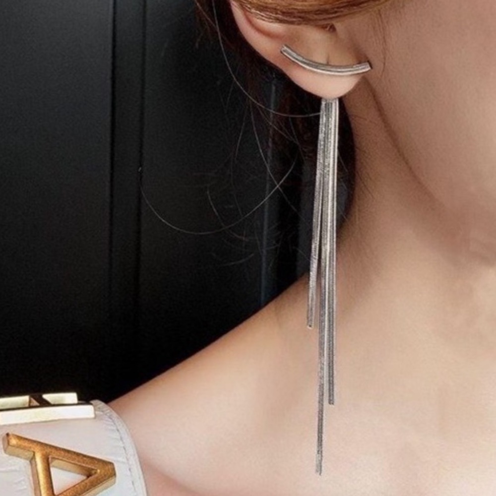 NEW SILVER BAR LONG TREAD TASSEL EARRINGS - Picture 4 of 4